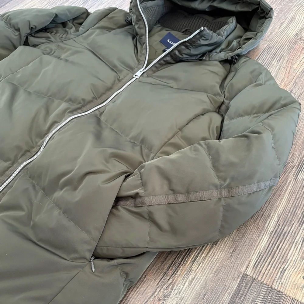 Lands’ End Hooded Quilted Down Puffer Jacket XL Olive Green 38” Long Two-Way Zip - Picture 13 of 14